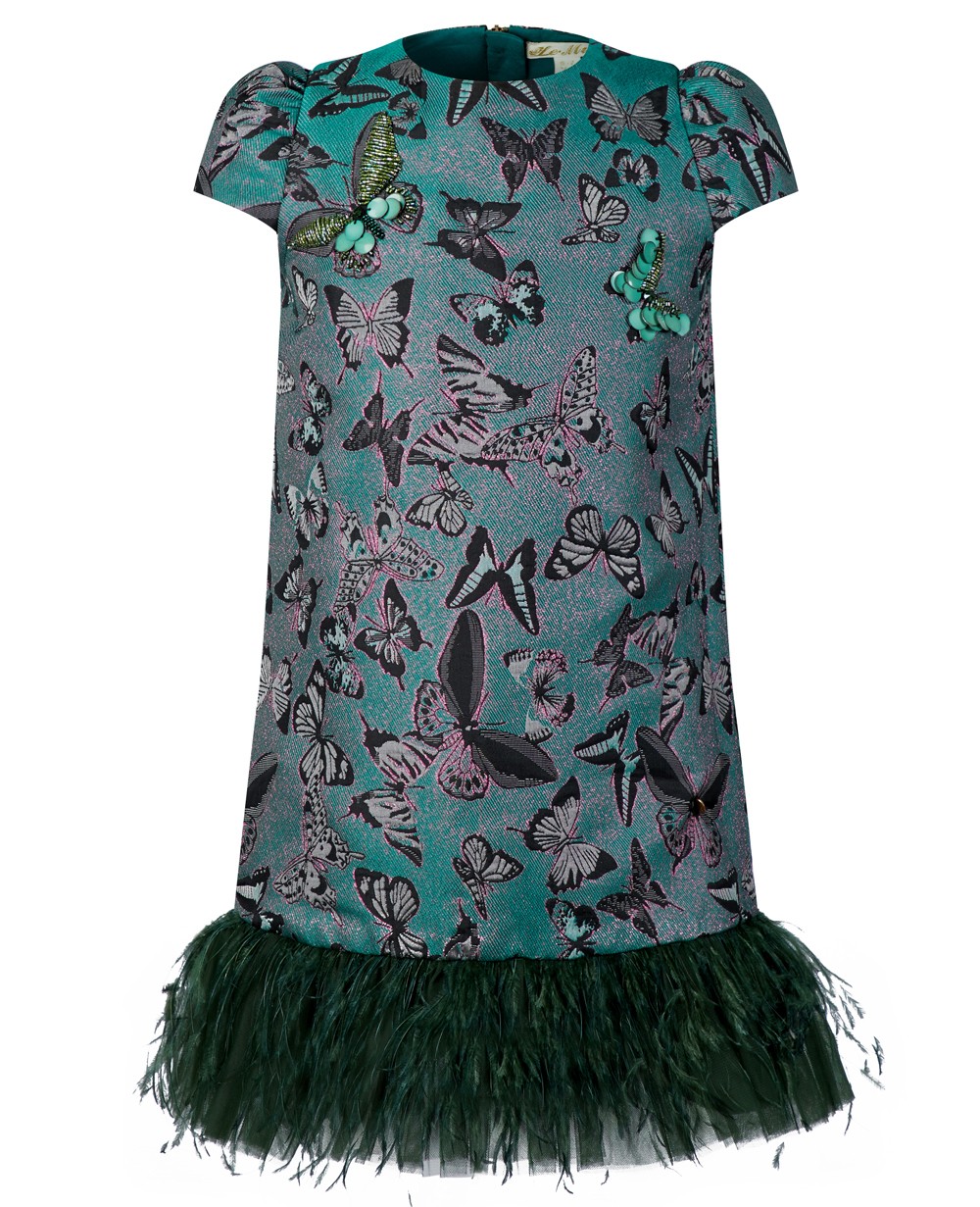 Emerald Brocade Feather Dress Emerald Green Prom Dress