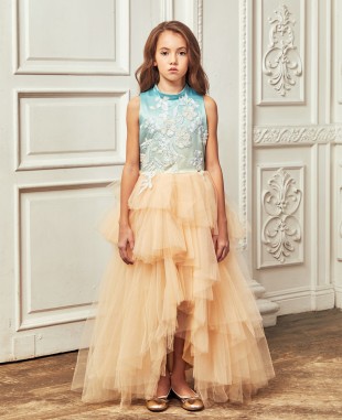 Teal Green and Gold Floral Embroidery Dress