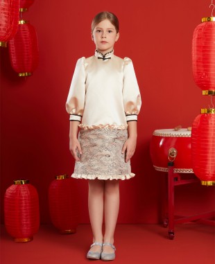 Peach Chinese Collar Long Sleeve Satin Dress