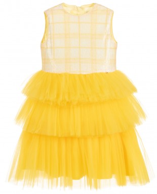 White & Yellow Layered Sleeveless Tulle Dress Sequin Party Dress