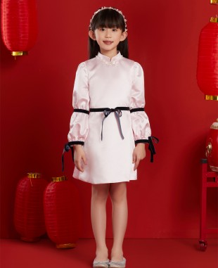 Pink and Navy Ribbon Long Sleeve Satin Dress