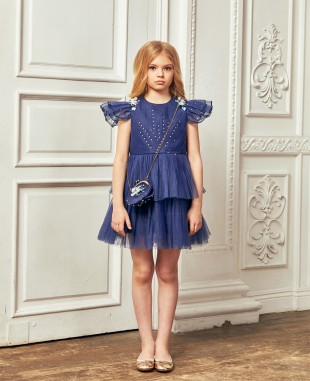  Navy Short Sleeved Tuelle Dress