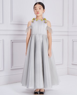 Silver Floral Tulle Long Dress