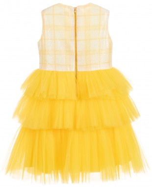 White & Yellow Layered Sleeveless Tulle Dress Sequin Party Dress
