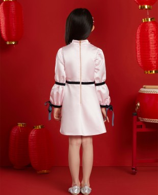 Pink and Navy Ribbon Long Sleeve Satin Dress