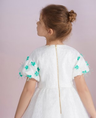 White Tuelle Detailed Sleeve Dress