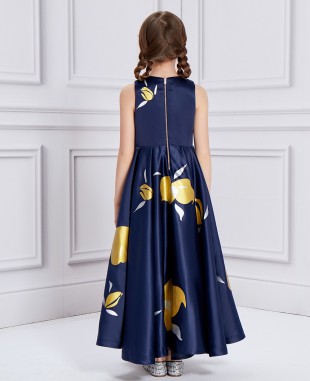 Midnight Blue Floral Print Princess Dress